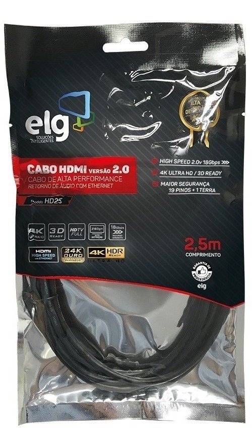 Cabo Hdmi 3d Ready 4k Cabo 2,5mts Elg - Hd25