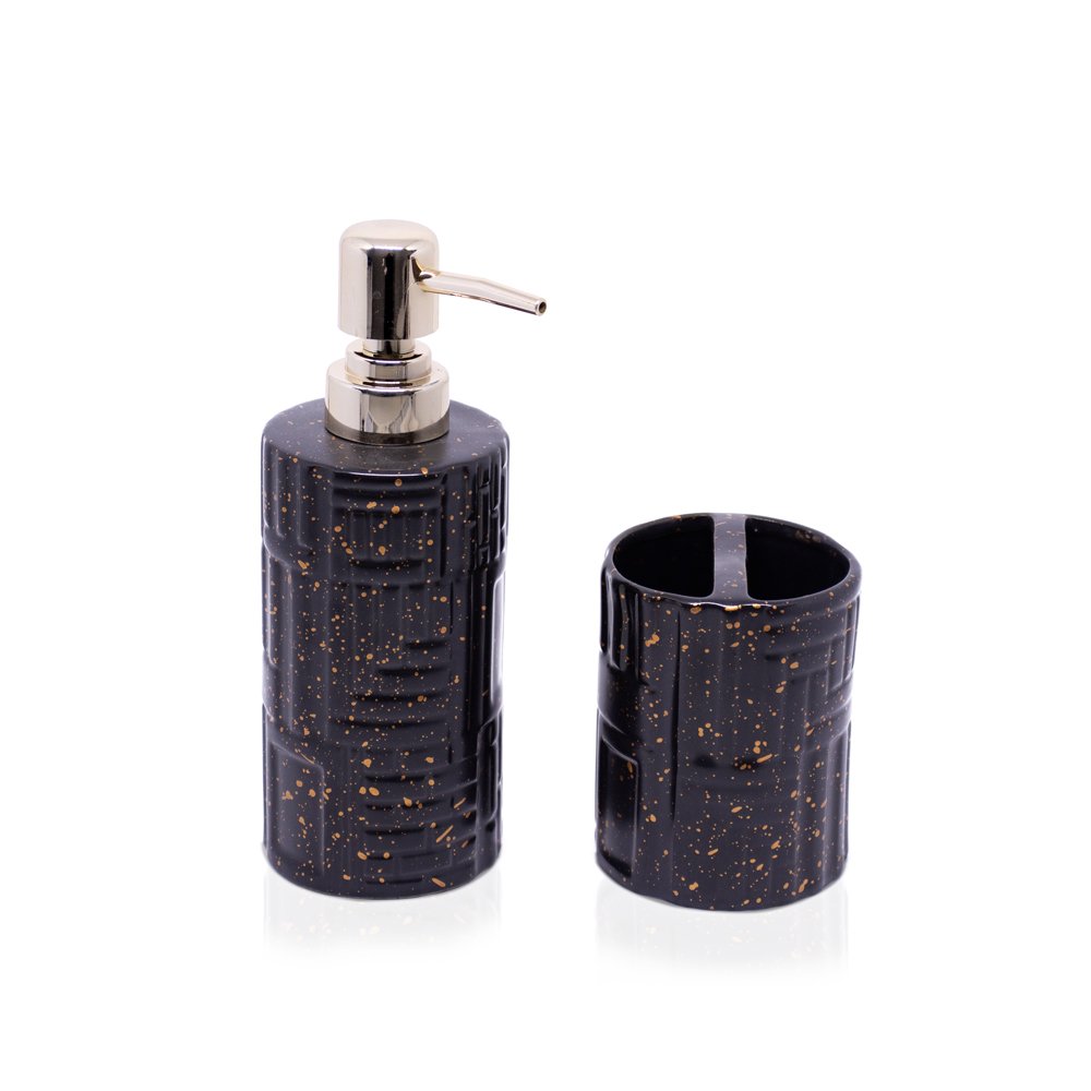 Kit Banheiro 01 Porta Sabonete Liquido e 01 Porta Escova em Cerâmica Preto - D'Rossi - 1
