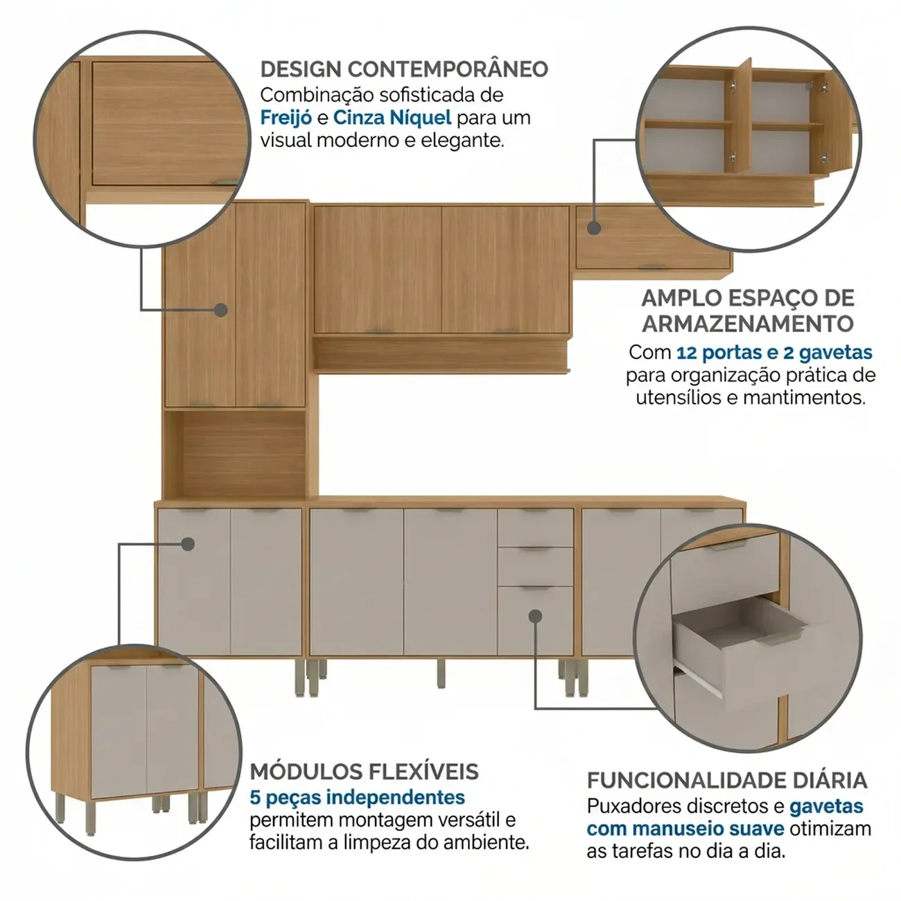Ver imagem 5 de Cozinha Compacta Modulada 5 Peças 270cm 12 Portas e 2 Gavetas Colors Marrom Freijó/Cinza Niquel