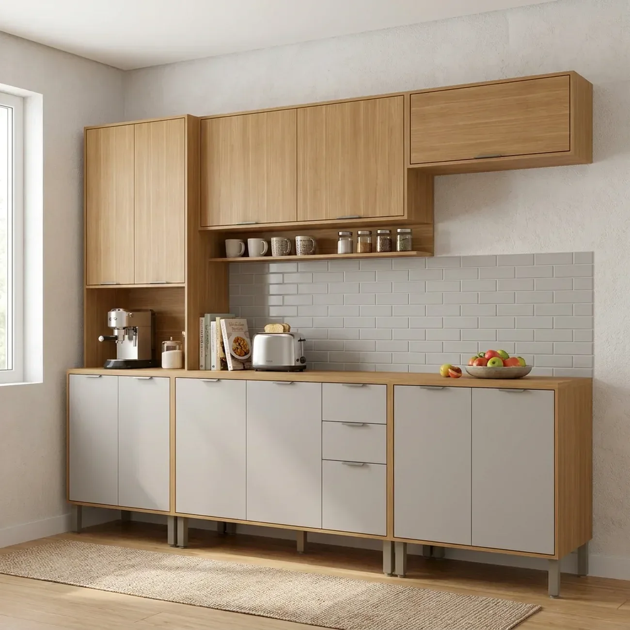 Ver imagem 1 de Cozinha Compacta Modulada 5 Peças 270cm 12 Portas e 2 Gavetas Colors Marrom Freijó/Cinza Niquel