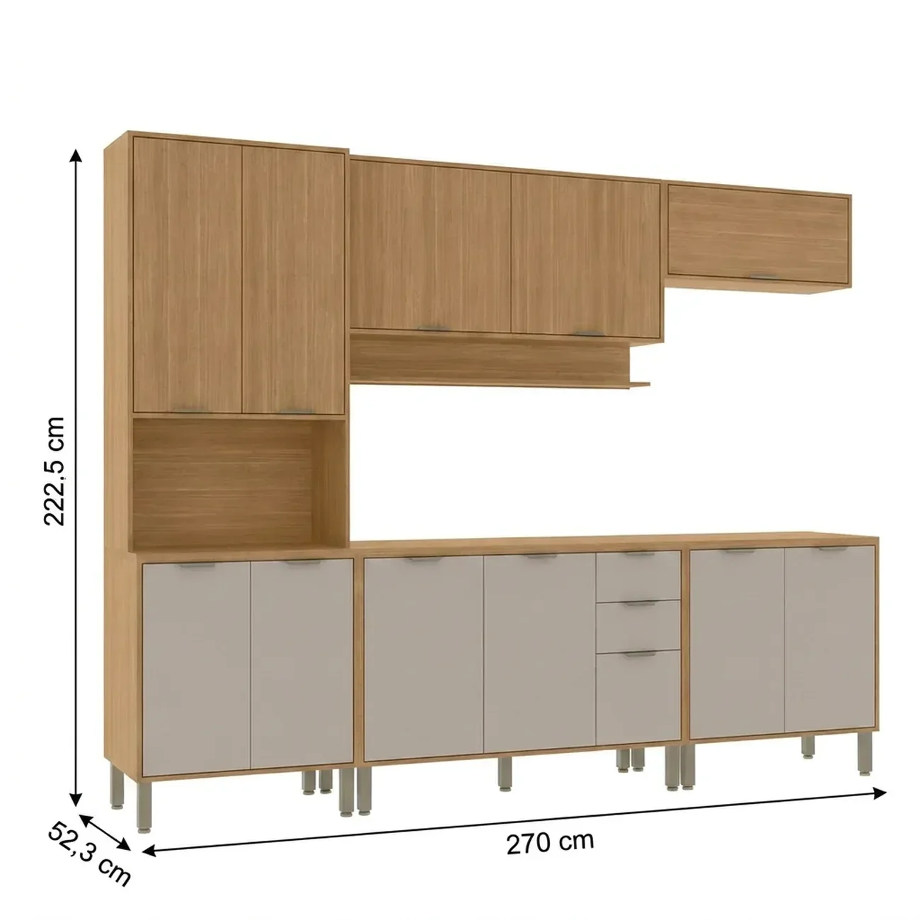 Ver imagem 3 de Cozinha Compacta Modulada 5 Peças 270cm 12 Portas e 2 Gavetas Colors Marrom Freijó/Cinza Niquel
