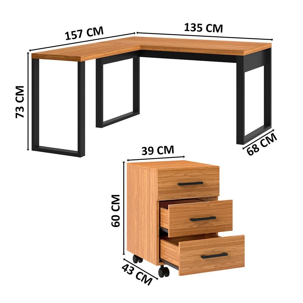 Mesa de Escritório em L Estilo Industrial com Gaveteiro Freijó Preto Pradel - 4