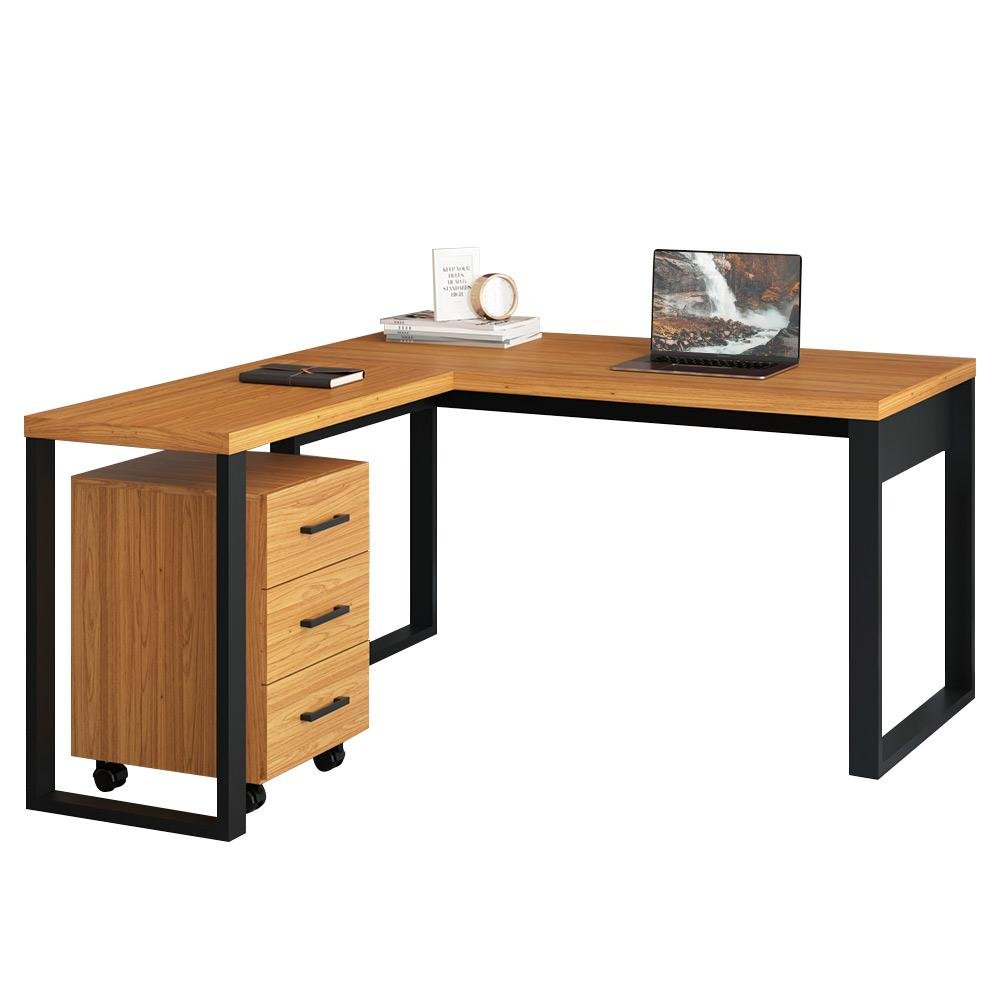 Mesa de Escritório em L Estilo Industrial com Gaveteiro Freijó Preto Pradel - 2