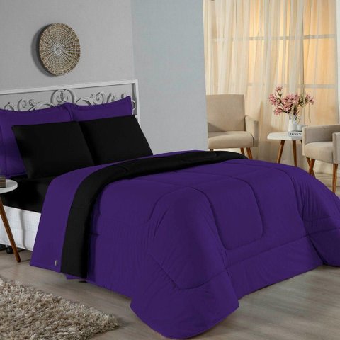 Kit Edredom Dupla Face + Jogo de Lençol Casal Viúva Nobre 7 Peças Malha 100% Algodão - Roxo /