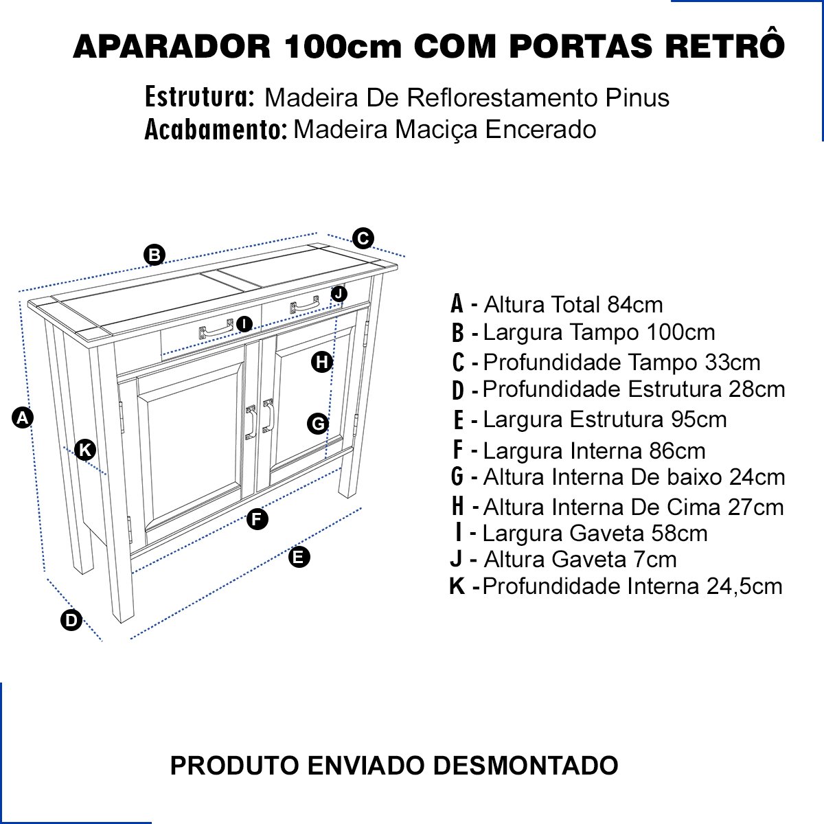 Balcão Buffet Cozinha Madeira Maciça Pinus Rustica 2 Portas Imbuia Aparador Sala Armário Organizador - 2