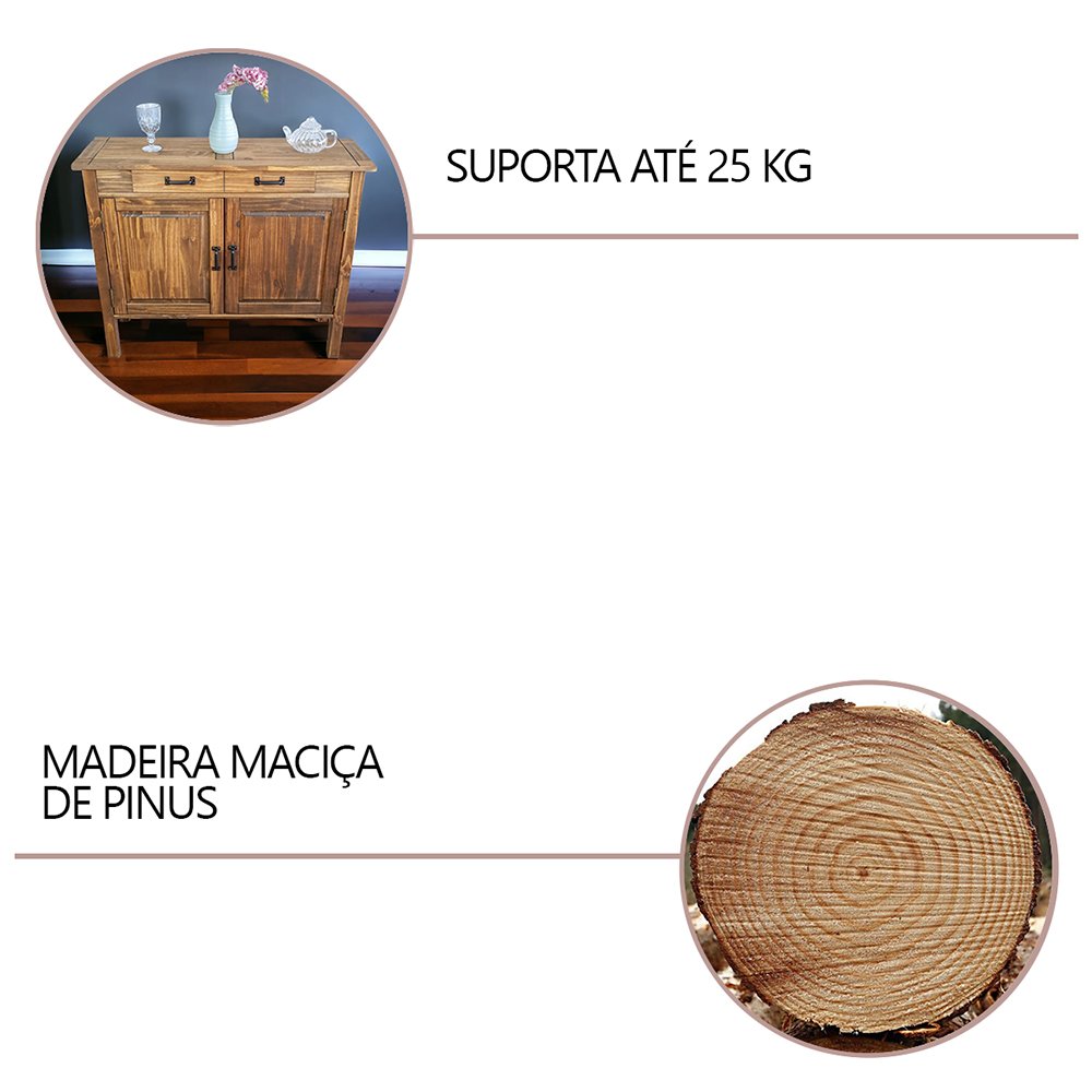 Balcão Buffet Cozinha Madeira Maciça Pinus Rustica 2 Portas Imbuia Aparador Sala Armário Organizador - 4