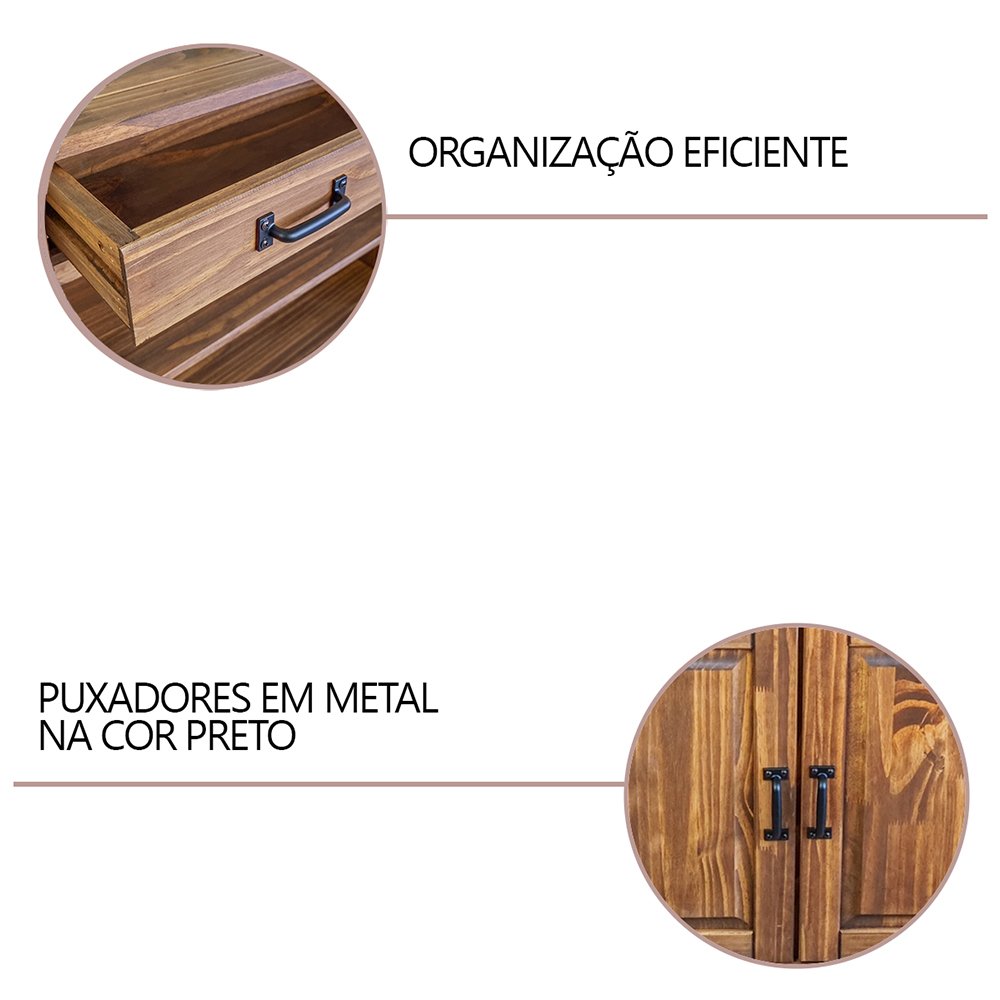 Balcão Buffet Cozinha Madeira Maciça Pinus Rustica 2 Portas Imbuia Aparador Sala Armário Organizador - 5