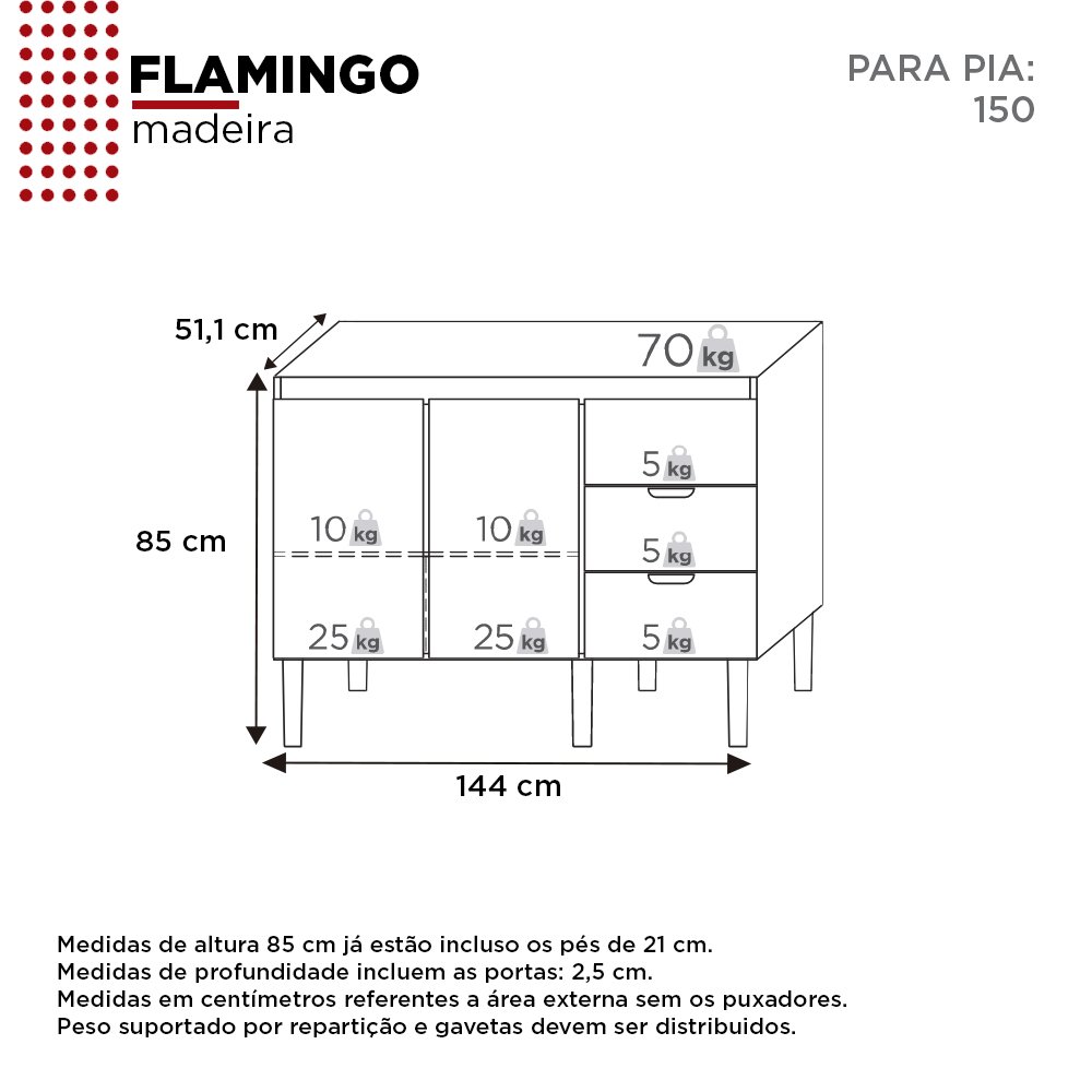 Gabinete de Cozinha Para Pia de 150 em Madeira Flamingo 3 Gavetas Tamarindo/Branco - Cozimax - 3