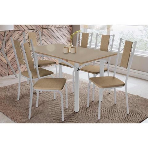Conjunto: Mesa Sala Jantar Elba Tampo Madeirado C/ Vidro 160cm e 6 Cadeiras Lisboa Cromada/freijo