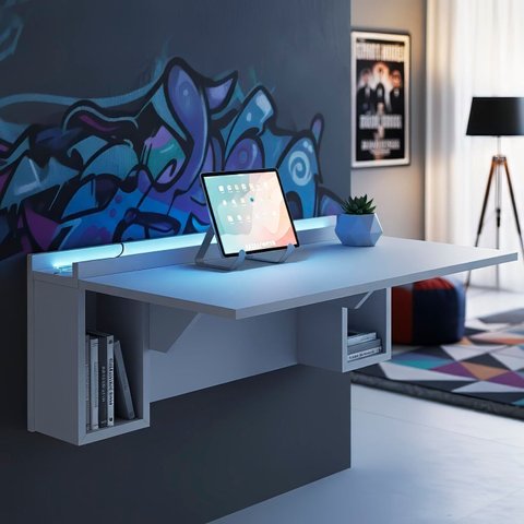 Escrivaninha Mesa Dobrável com Nichos com LED Neon 78,5cm Branco
