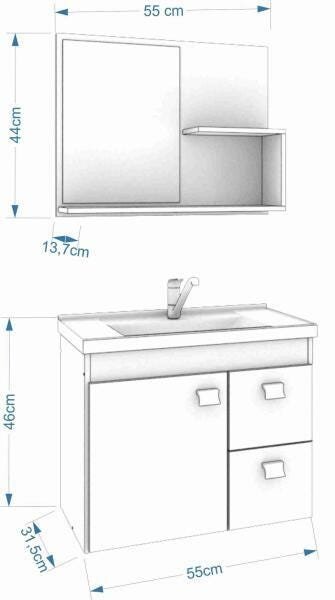 Gabinete Hortência Toucador de Banheiro C/ Cuba e Espelheira Branco e Café MGM Móveis - 2