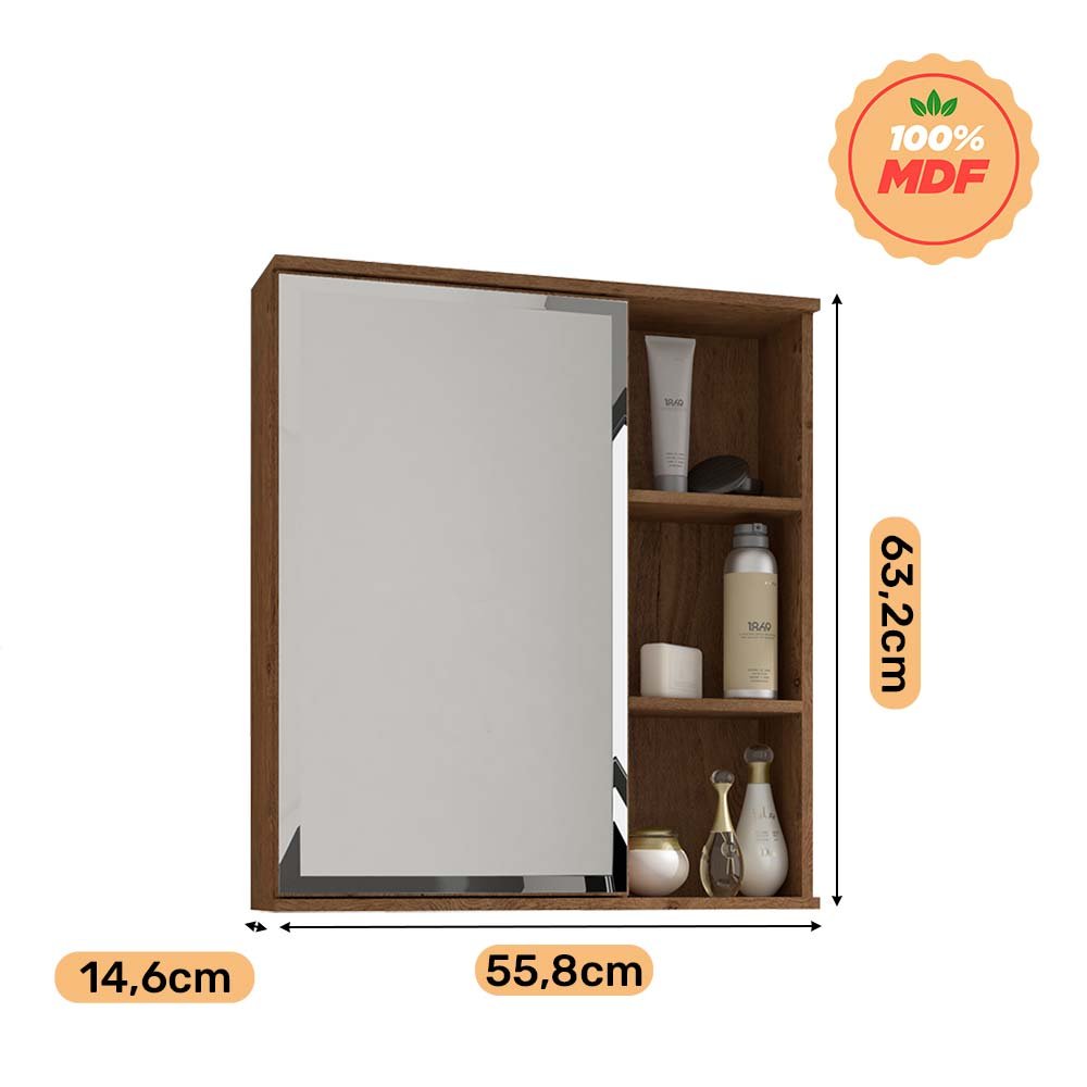 Espelheira para Banheiro 100% MDF Treviso 56 Cm Amendoa - Mgm - 6