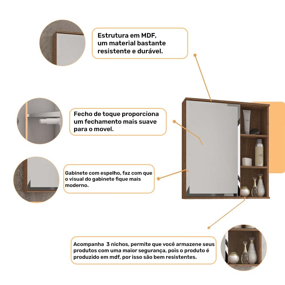 Espelheira para Banheiro 100% MDF Treviso 56 Cm Amendoa - Mgm - 4