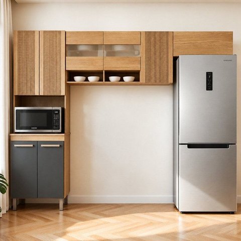 Cozinha Completa Modulada 3 Peças 8 Portas Detalhes Fresados Cristal Cinza/Cinamomo/Grafite