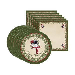 Kit Sousplat + Guardanapo Natal Boneco Neve/borda Verde - 6 Peças - sem Base
