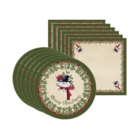 Kit Sousplat + Guardanapo Natal Boneco Neve/borda Verde - 6 Peças - sem Base