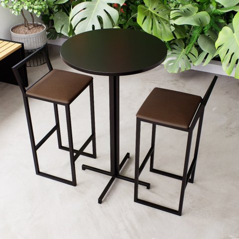 Conjunto Mesa Alta Bar Bistrô Redonda Preta 2 Banquetas Estofado Industrial Don Castro