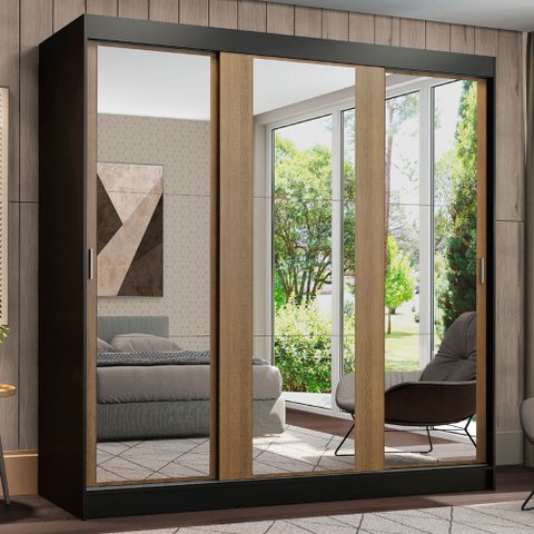 Guarda-Roupa Casal Madesa Reno 3 Portas de Correr de Espelho Preto/Rustic Cor:Preto/Rustic