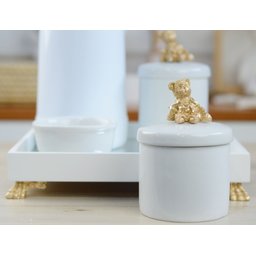 Kit Higiene Bebê Porcelana Maternidade + Bandeja + Térmica 500 Ml - K012 Urso Dourado - 2
