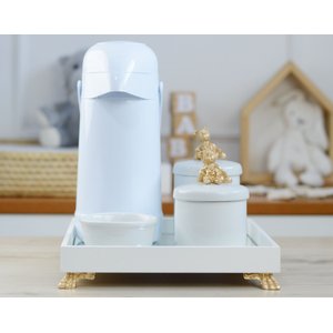 Kit Higiene Bebê Porcelana Maternidade + Bandeja + Térmica 500 Ml - K012 Urso Dourado