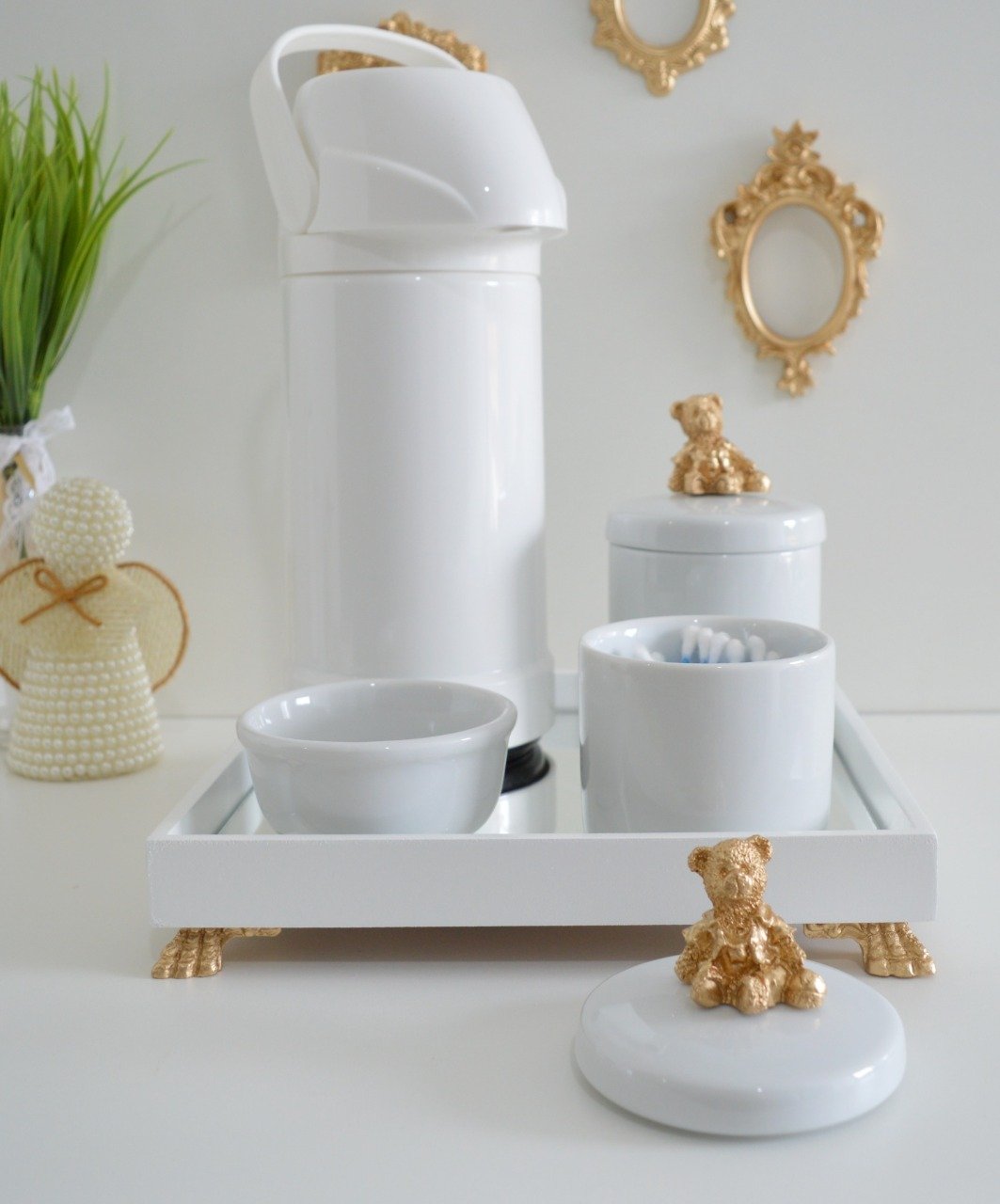 Kit Higiene Bebê Porcelana Maternidade + Bandeja + Térmica 500 Ml - Urso Dourado - 1