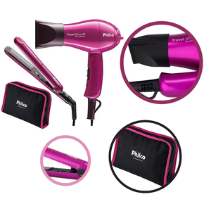 Kit Travel Shine Rosa Philco – Prancha + Secador Bivolt