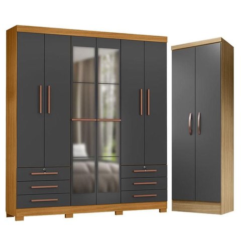 Guarda Roupa Casal Londres com Espelho e Armário Multiuso New Egito Carvalho Americano Grafite - Inc