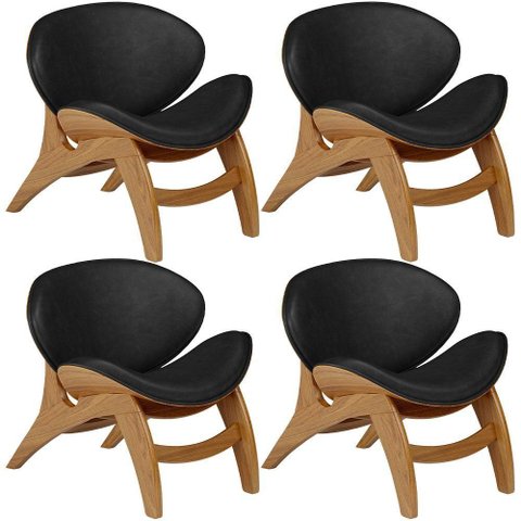 Kit 4 Poltronas Decorativa Orgânica Sala Living Kadosh L02 Couríssimo Preto Brilho