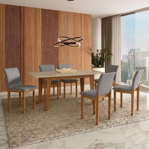 Mesa de Jantar Bella 160x80cm Cinamomo Off White com Kit 6 Cadeiras Bella Linho Prata - Valdemó