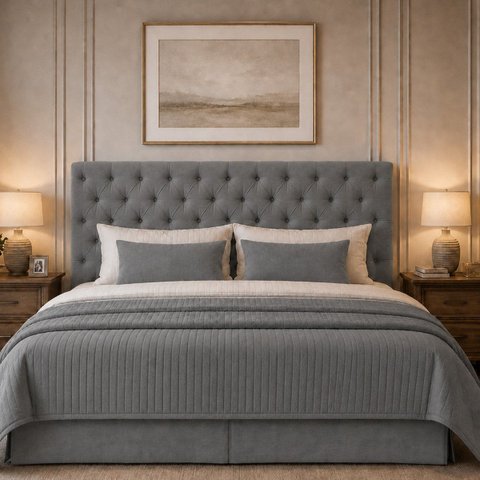 Cabeceira para Cama Casal King Estofada Capitonê Luna Vilajo em Suede Cinza – 1,93 m