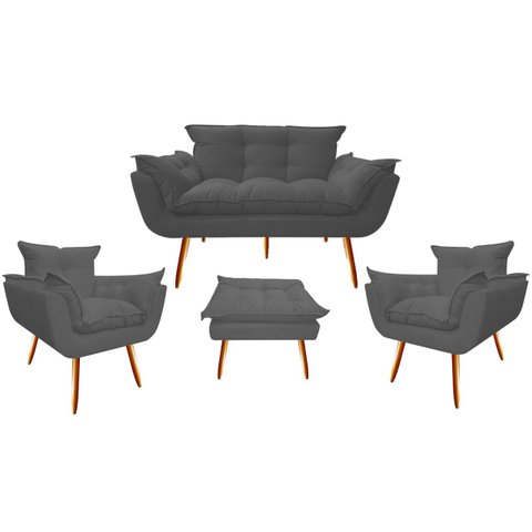 Kit Namoradeira + 2 Poltronas + 1 Puff Decorativo Opala Suede Cinza Pés Madeira Mz Decor