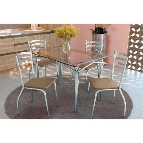 Sala de Jantar Completa Elba c/ Tampo de Vidro 120cm e 4 Cadeiras Portugal Cromada - Corano