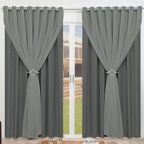 Cortina para Sala Blackout Tecido Com Voil + Presilha Ilhós Cromado 7,00m X 2,60m:Cinza