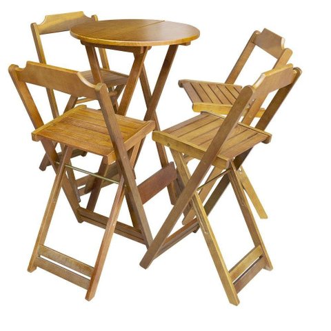 Jogo De Mesa Bistrô Dobrável Em Madeira Padrão Com 4 Banquetas Altas - Mel - Marrom