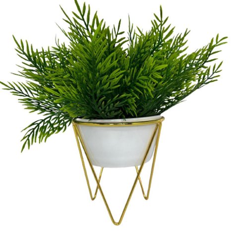 Vaso centro de mesa de cerâmica com tripé de metal dourado