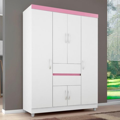 Guarda Roupa Atria 6 Portas 2 Gavetas Branco Rosa