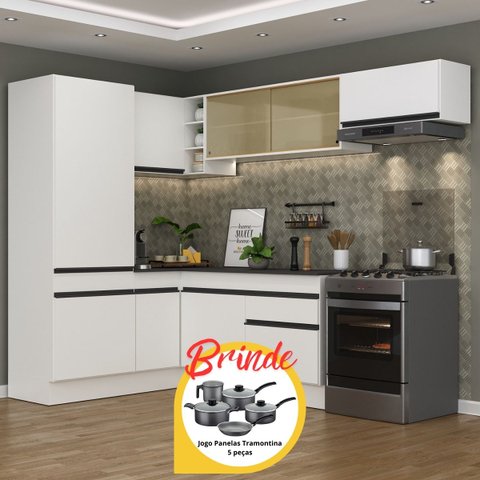 Cozinha Completa de Canto Veneza Mp2086 Multimóveis Branco/preto + Brinde Jogo de Panelas Tramontina