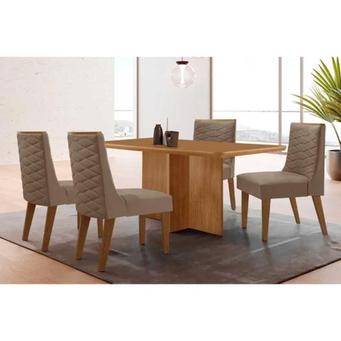 Conjunto: Mesa Sala Jantar Berlim Tampo Curvo 120cm+4 Cadeiras Dafne Madeira Naturale - Capuccino/