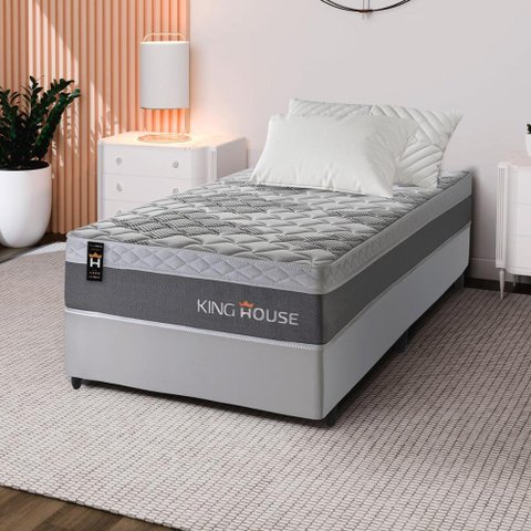 Conjunto Cama Box c/ Molas Ensacadas Sheffield Cinza Solteiro 96x203x65