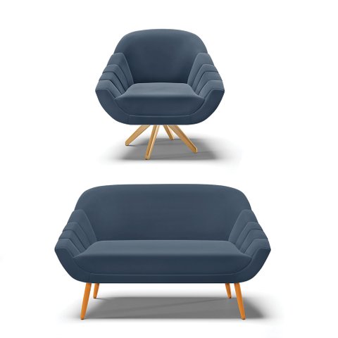 Kit 01 Namoradeira 02 Lugares e 01 Poltrona Giratória Giovana Suede Azul Marinho Base Madeira MM30