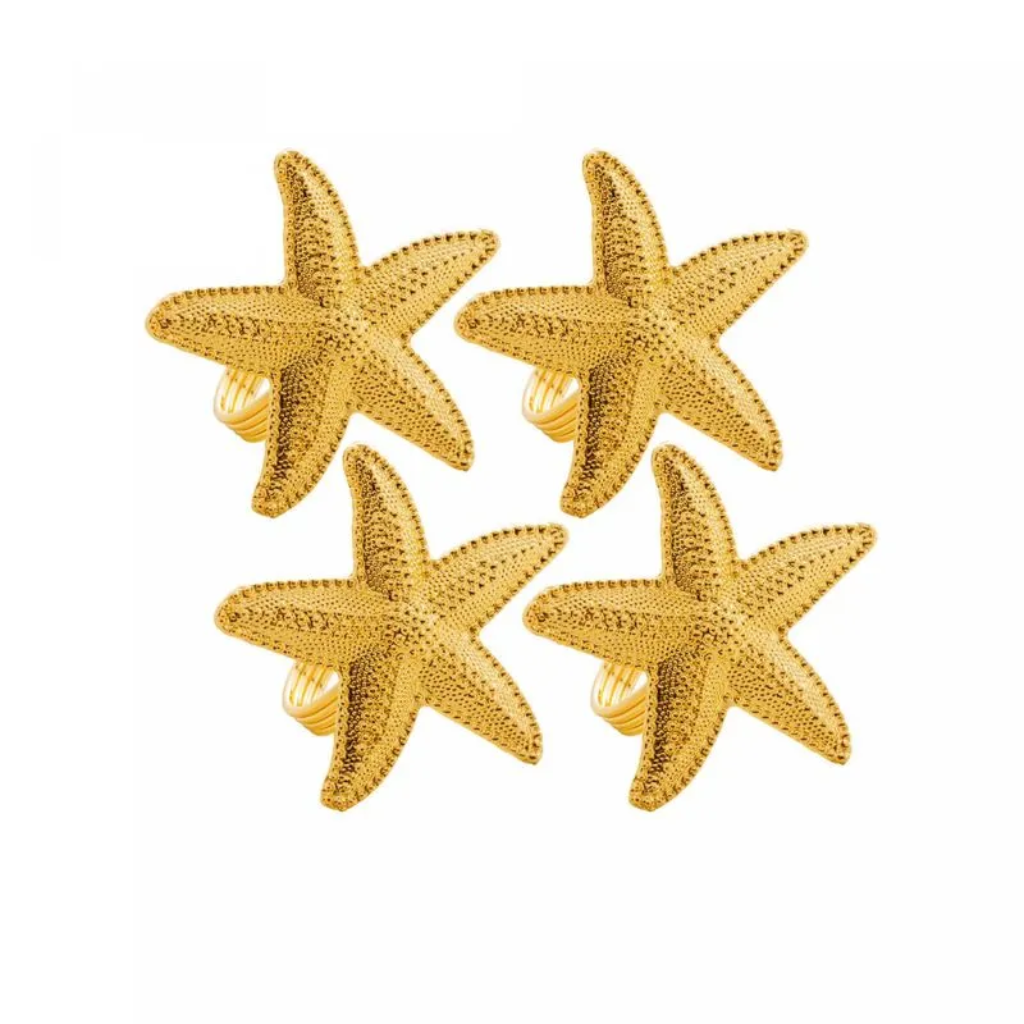 Conjunto 4 Anéis para Guardanapos de Zinco Estrela do Mar Dourado 6cmx6cmx4cm - 3