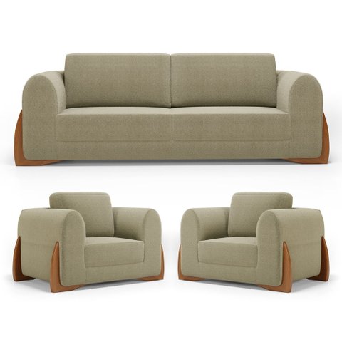 Kit 02 Poltronas e 01 Sofá Bloom 160cm 02 Lugares com Pés de Madeira Bouclê Bege - Desk Design