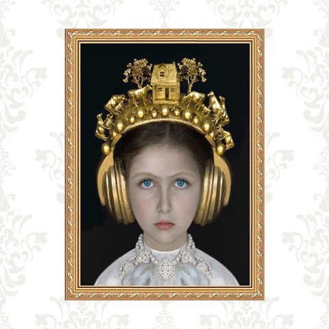 Quadro Moldura Dourada Menina com Fone Ouvido 24x18cm:com Acetato
