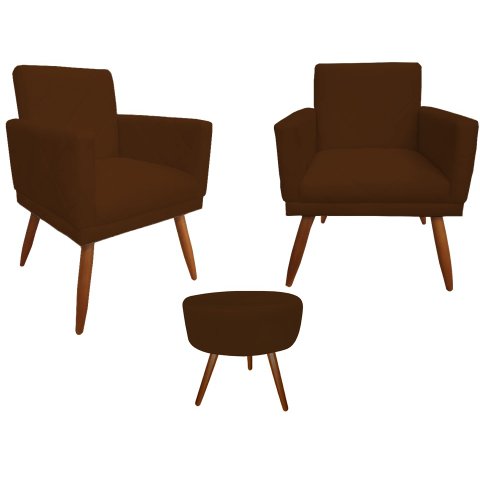 Kit 2 Poltronas Decorativa Nina Riscado + Puff Redondo Suede Marrom Pés Madeira Ms Decor