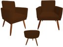 Ver imagem 1 de Kit 2 Poltronas Decorativa Nina Riscado + Puff Redondo Suede Marrom Pés Madeira Ms Decor