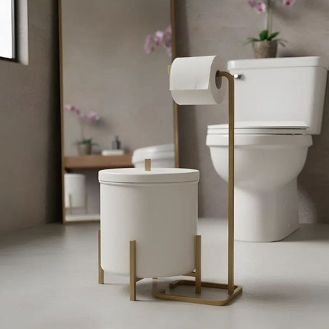 Kit Lixeira Branca e Dourado 6L Porta Papel Dourado Banheiro