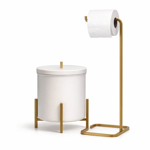 Kit Lixeira Branca e Dourado 6l Porta Papel Dourado Banheiro
