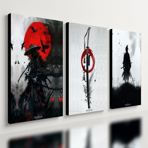 Kit 3 Quadro Decorativo Samurai Arte Japonesa Ninja Katana 28x20cm