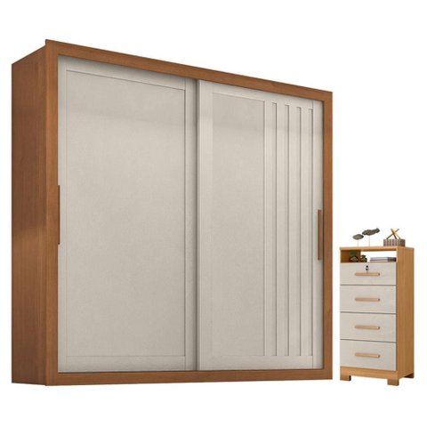 Guarda Roupa Casal Trianon 2 Portas com Cômoda Primordial Max 4 Gavetas Cinamomo Areia Fosco-
