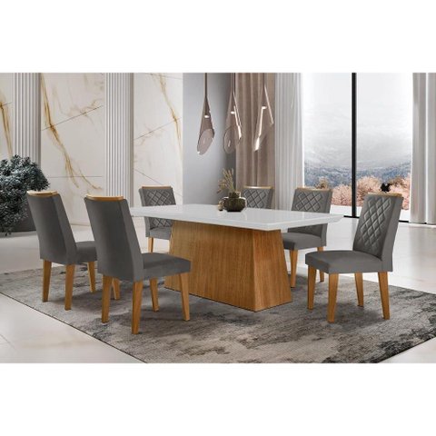 Sala de Jantar Completa Luna C/ Tampo de Vidro Canto Curvo 180x90cm e 6 Cadeiras Jade Imbuia/off